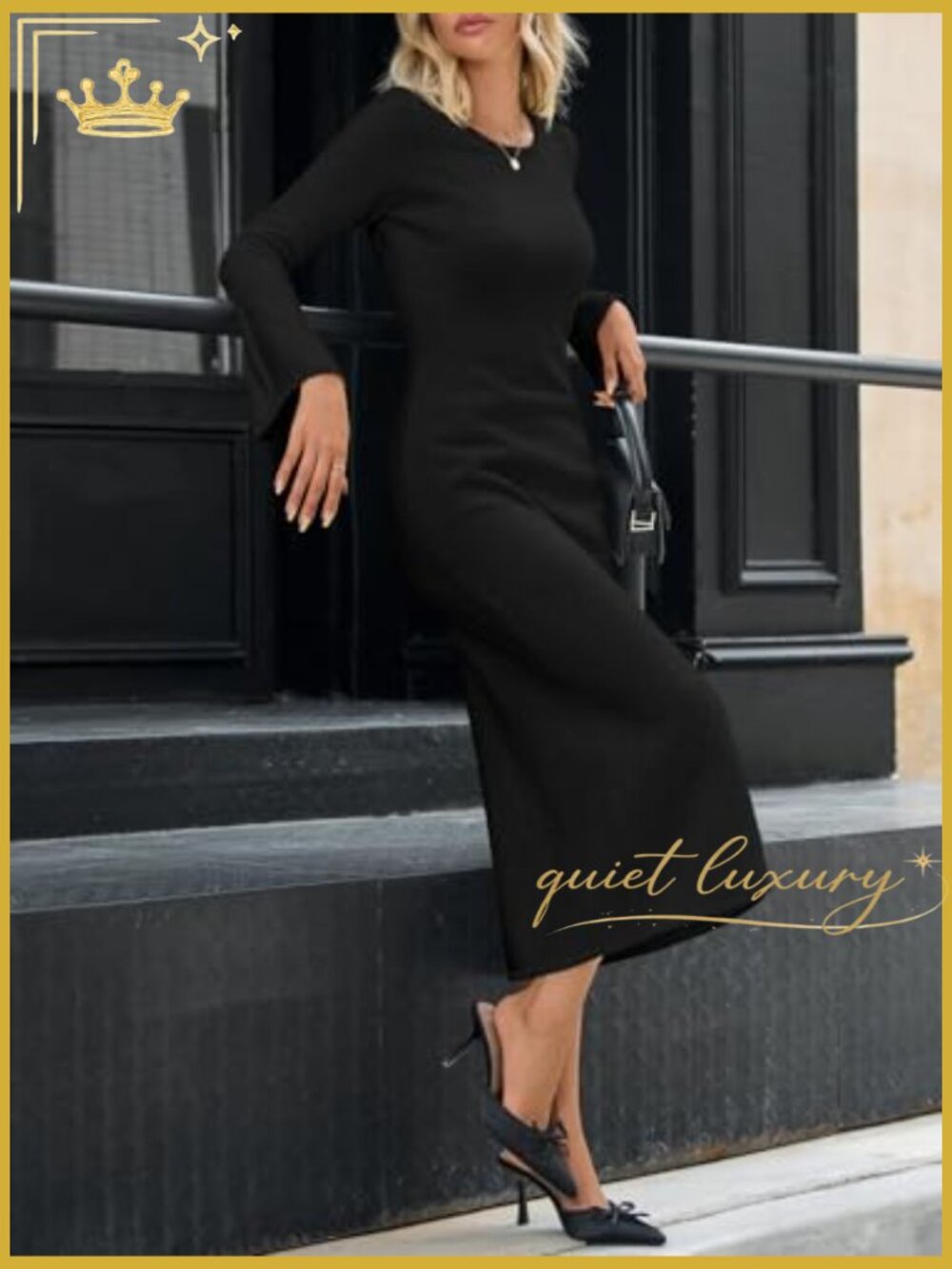 Bell Long Sleeve Maxi Dress Casual Crewneck Knit Slim Fit Flowy Sweater Dress - Picture 3 of 7